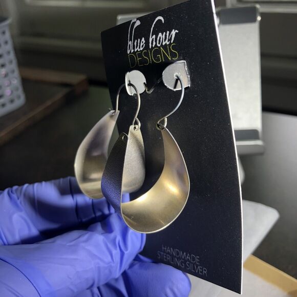 Silver Scoop Earrings Large Arc Shaped Handmade Jewelry By Blue Hour Design - Picture 4 of 8